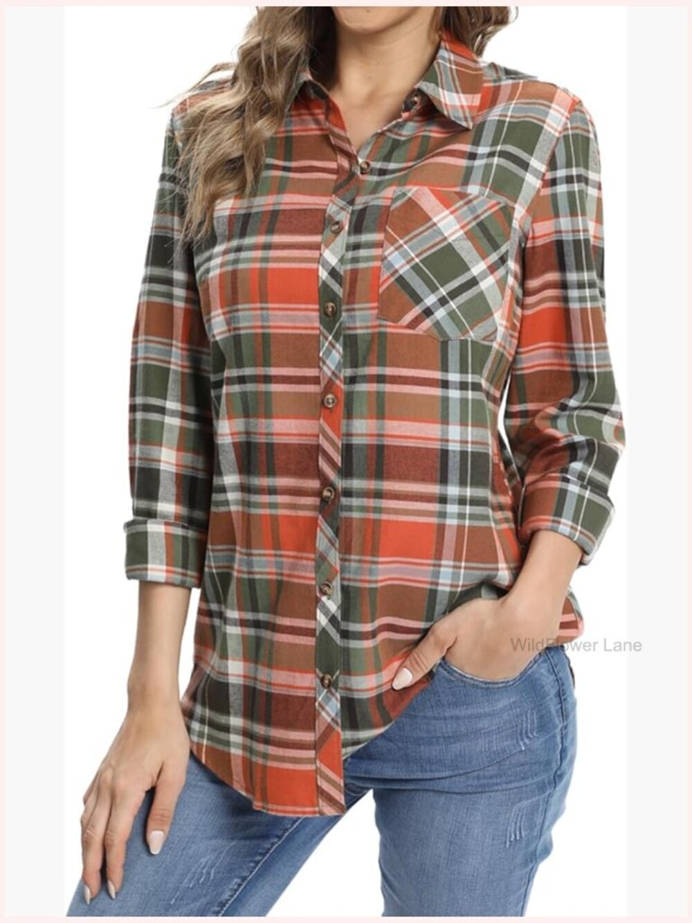 Women's Pure Cotton Plaid Button Down Shirt Long Sleeve with Pocket